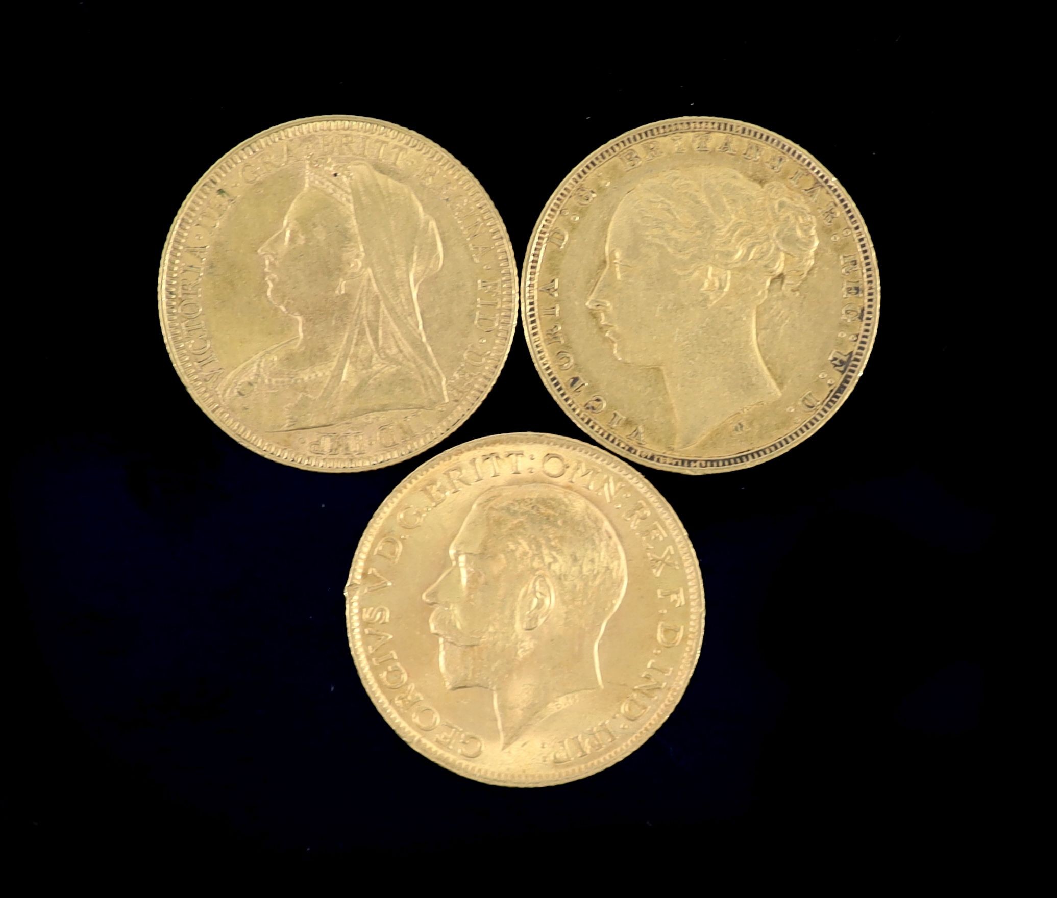 Three gold sovereigns, Victoria 1880M, good F and 1893, VF and George V 1914, edge nicks otherwise AEF